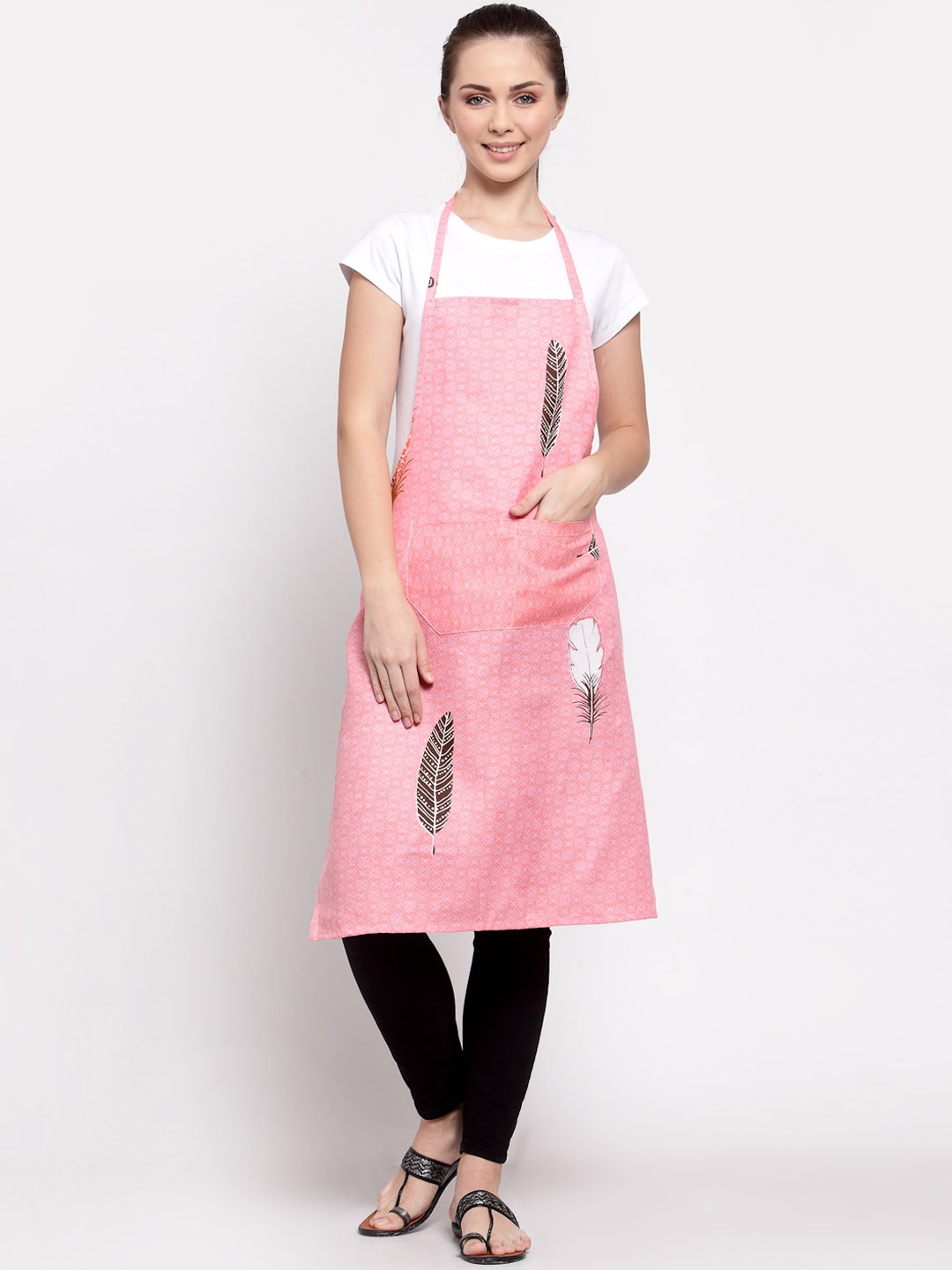 

Arrabi Unisex Pink Leaf Cotton Blend Apron with 2 Patch Pockets