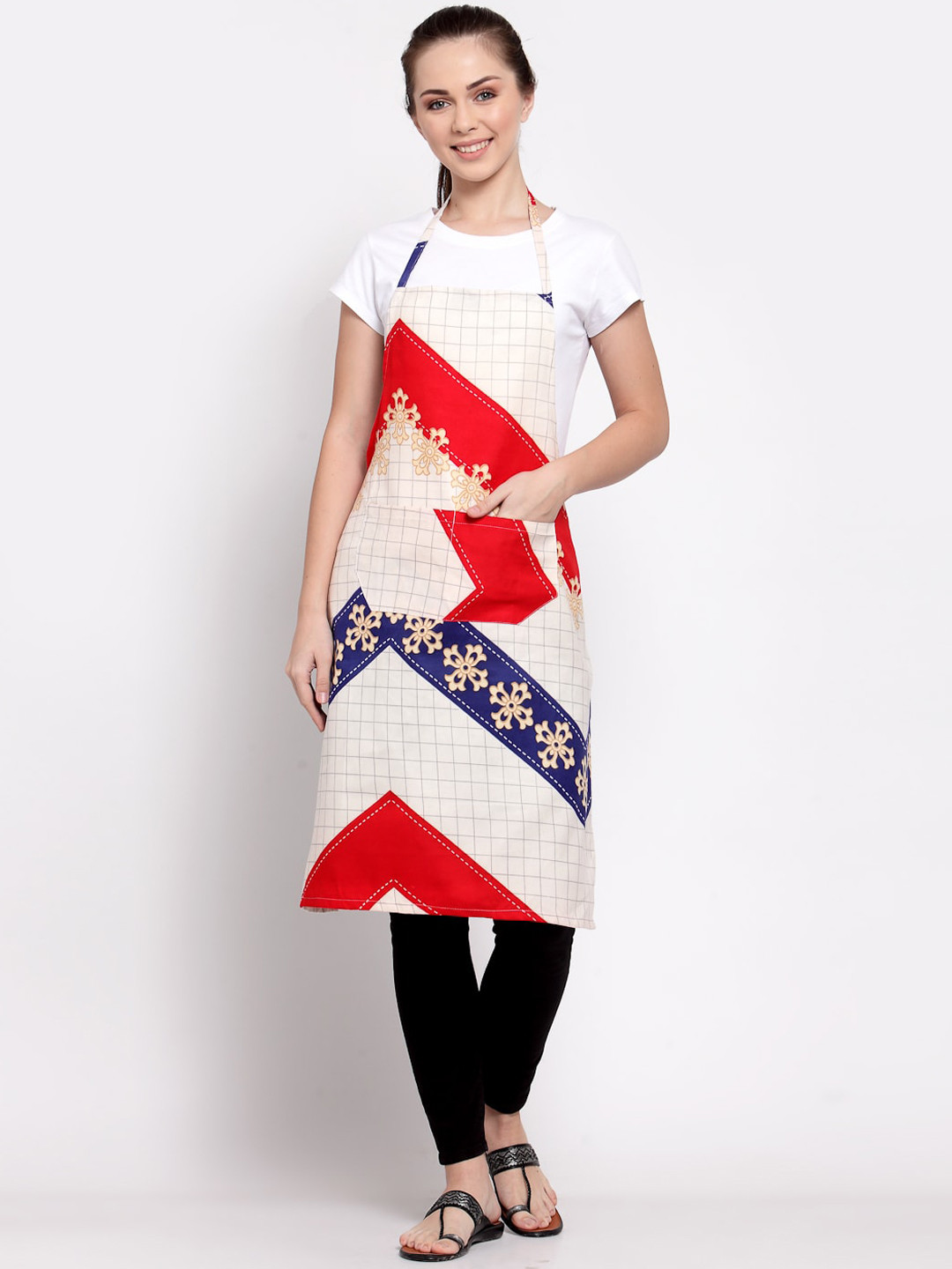 

Arrabi Woman Beige Geometric Cotton Blend Apron with 2 Patch Pockets