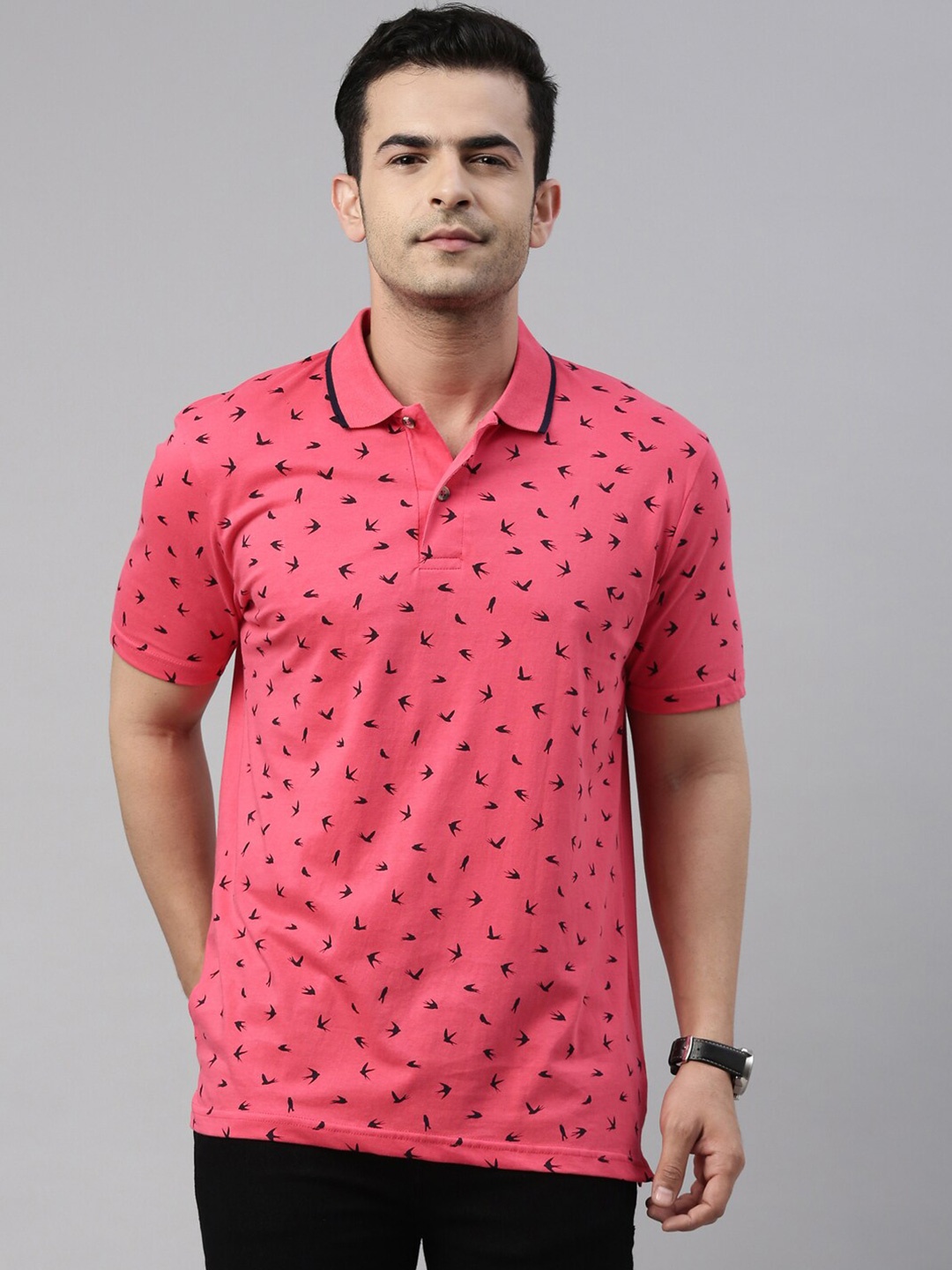 

Kryptic Men Fuchsia Printed Polo Collar Pure Cotton T-shirt