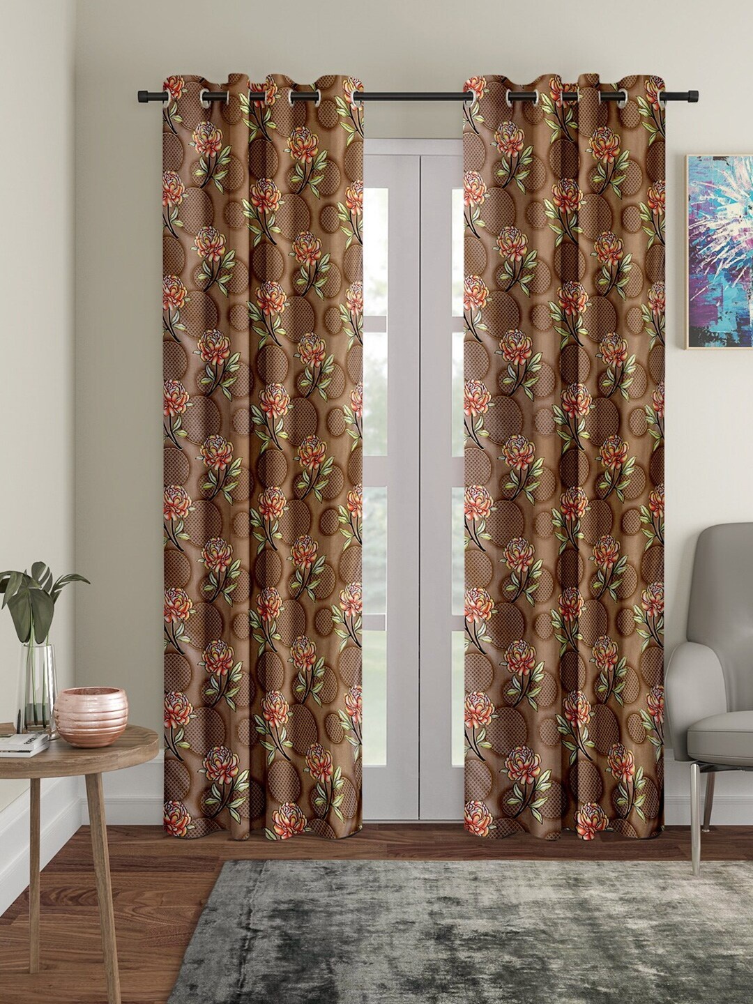 

Cortina Set Of 2 Brown Floral Printed Door Curtains