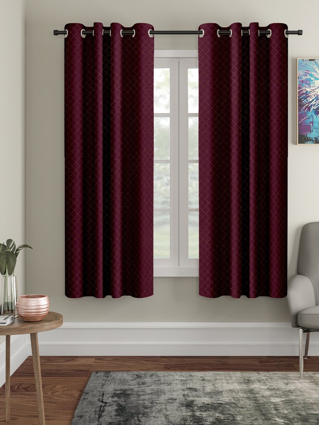 Cortina Set of 2 Purple & Mustard Geometric Black Out Window Curtains