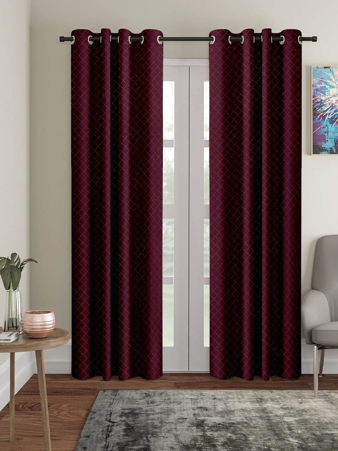 Cortina Maroon Set of 2 Geometric Door Curtain