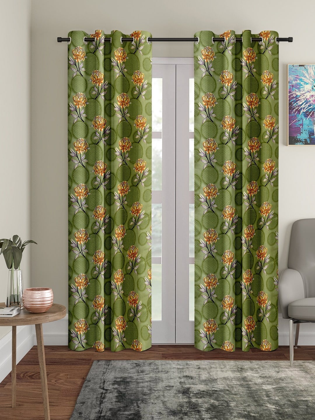 

Cortina Green & Orange Set of 2 Floral Long Door Curtain