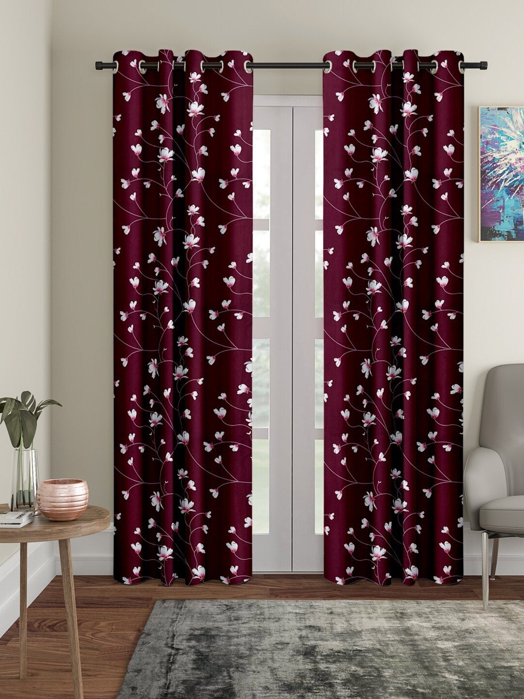 

Cortina Set of 2 Burgundy & White Floral Long Door Curtain