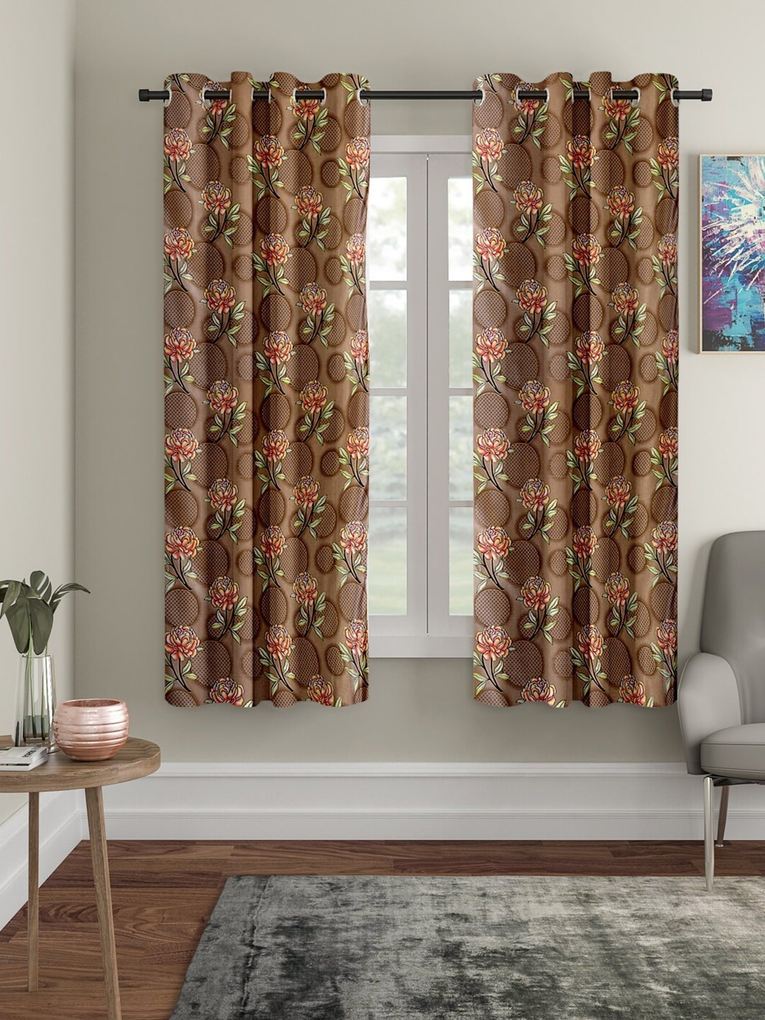 

Cortina Set Of 2 Brown Floral Printed Window Curtains