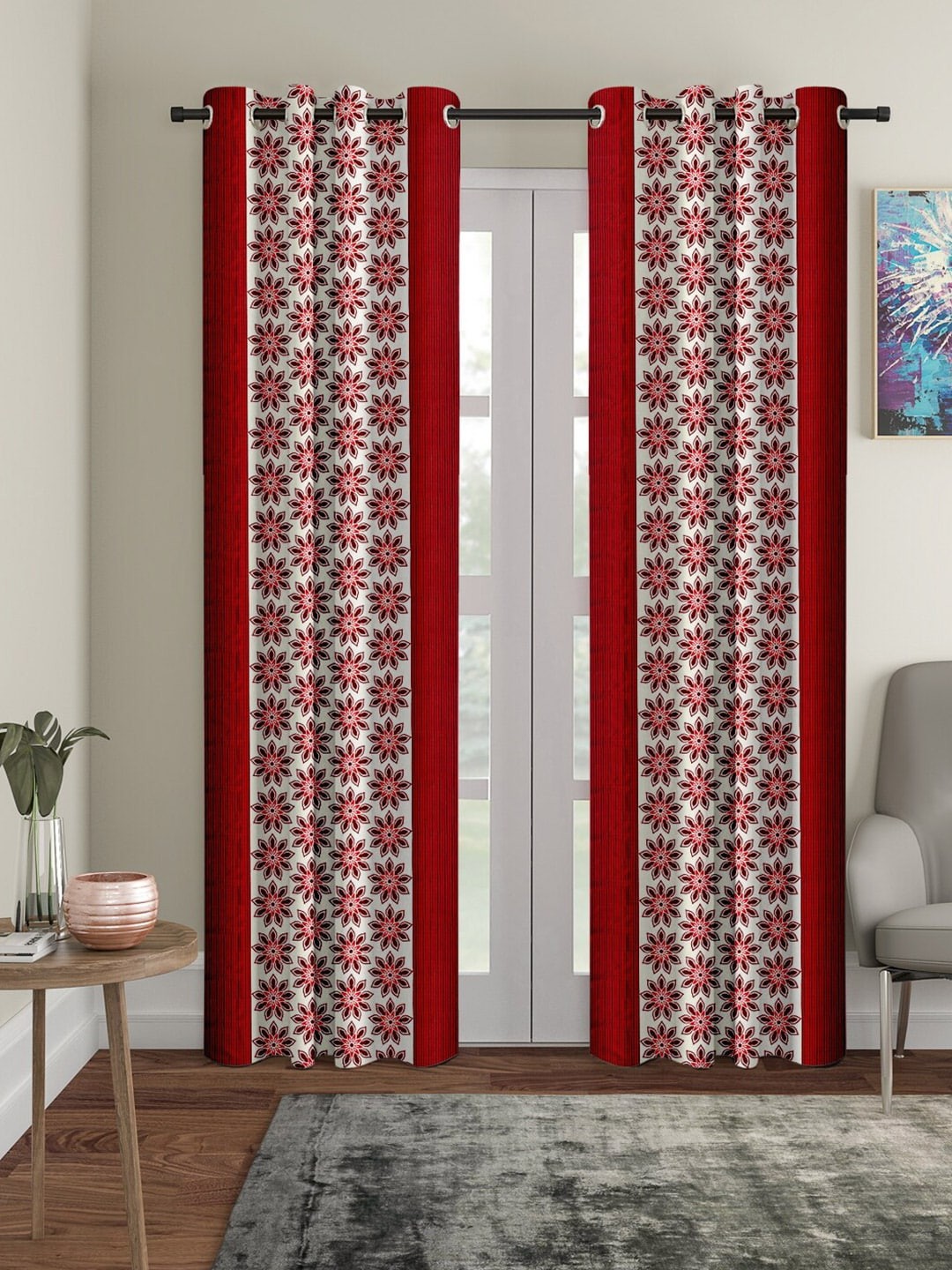 

Cortina Maroon & White Set of 2 Floral Door Curtain