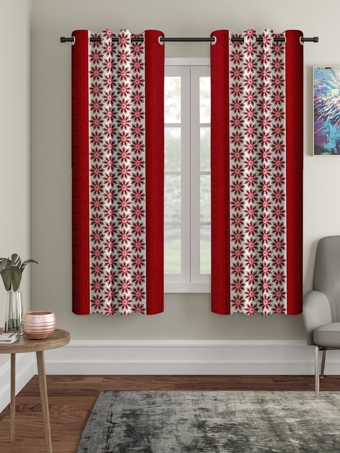 

Cortina Maroon & White Set of 2 Floral Window Curtain