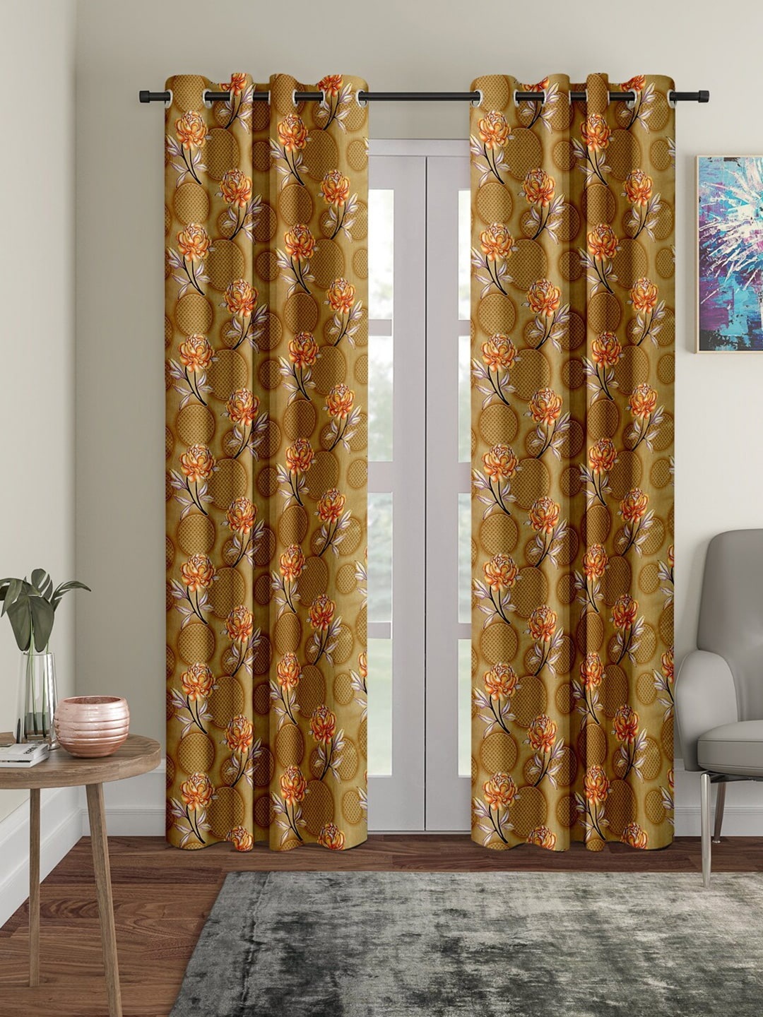 

Cortina Beige & Orange Set of 2 Floral Long Door Curtains