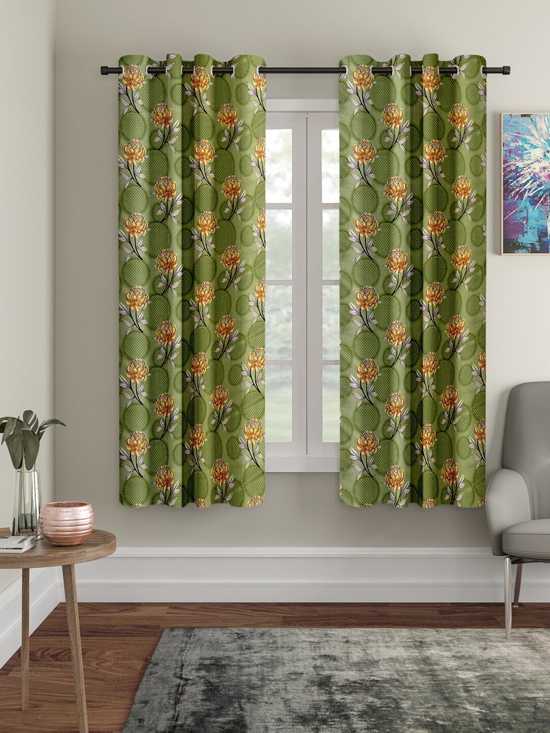 Cortina Set of 2 Green & Yellow Floral Window Curtain