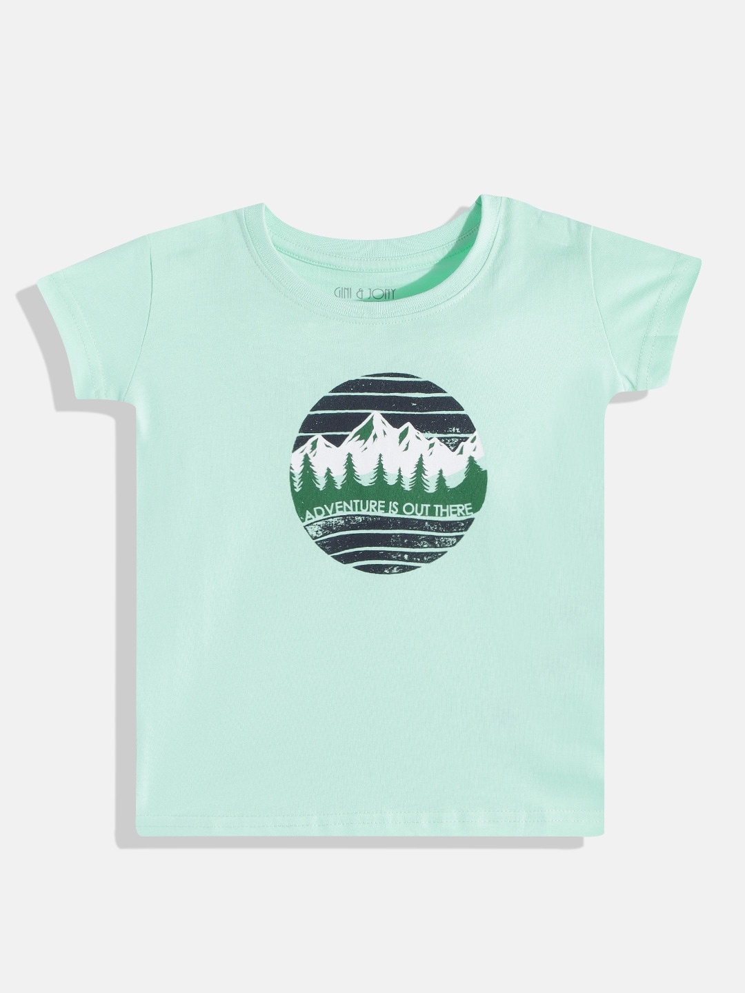 

Gini and Jony Girls Sea Green & White Printed Pure Cotton T-shirt