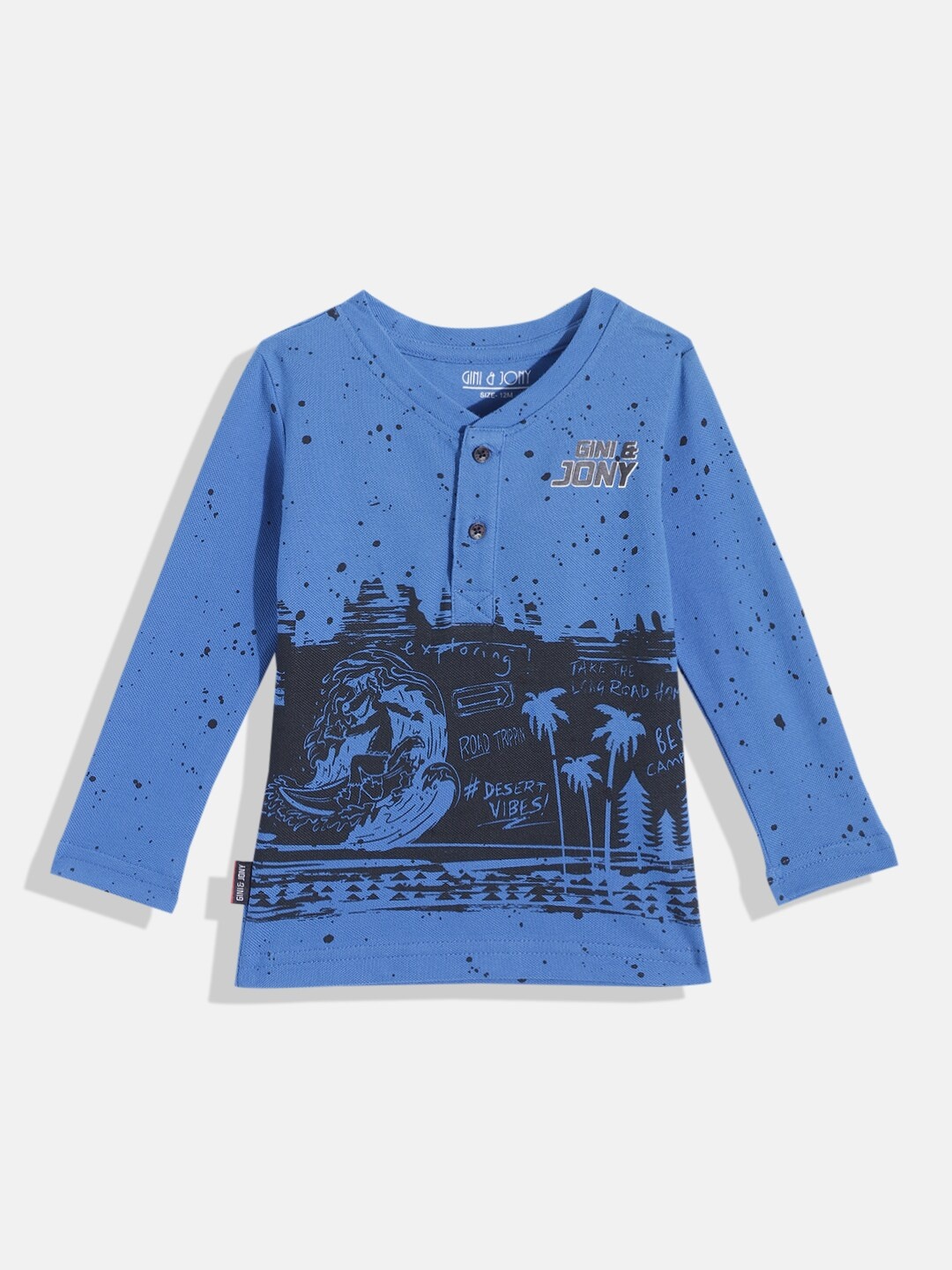 

Gini and Jony Infant Boys Blue & Black Printed Henley Neck Pure Cotton T-shirt