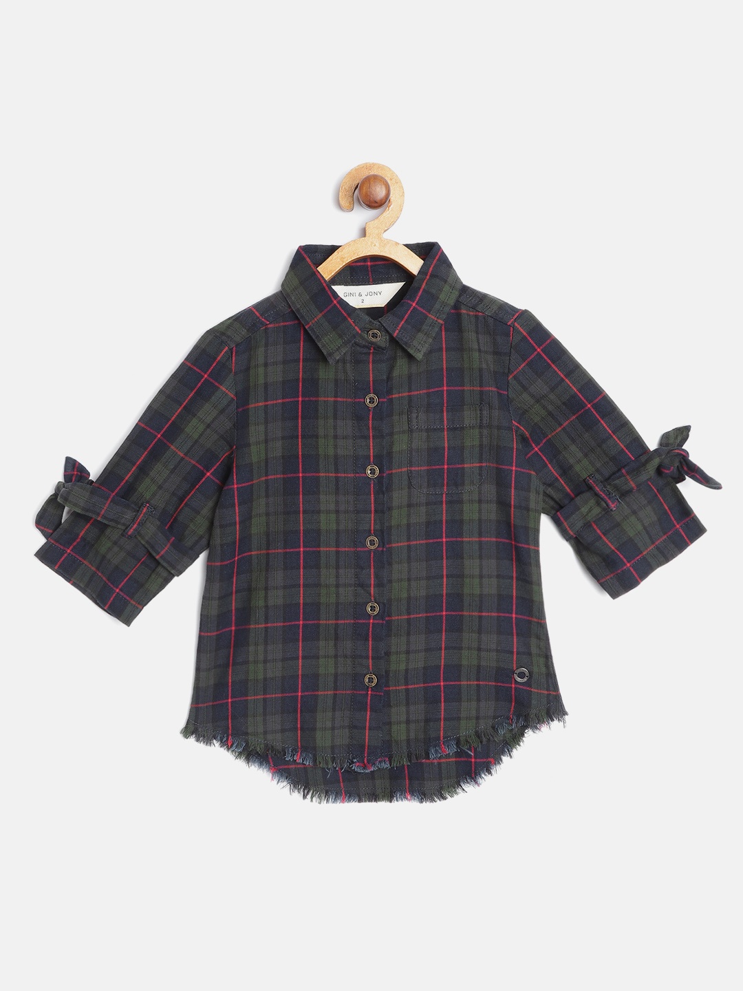 

Gini and Jony Girls Olive Green & Navy Blue Cotton Tartan Checks Casual Shirt