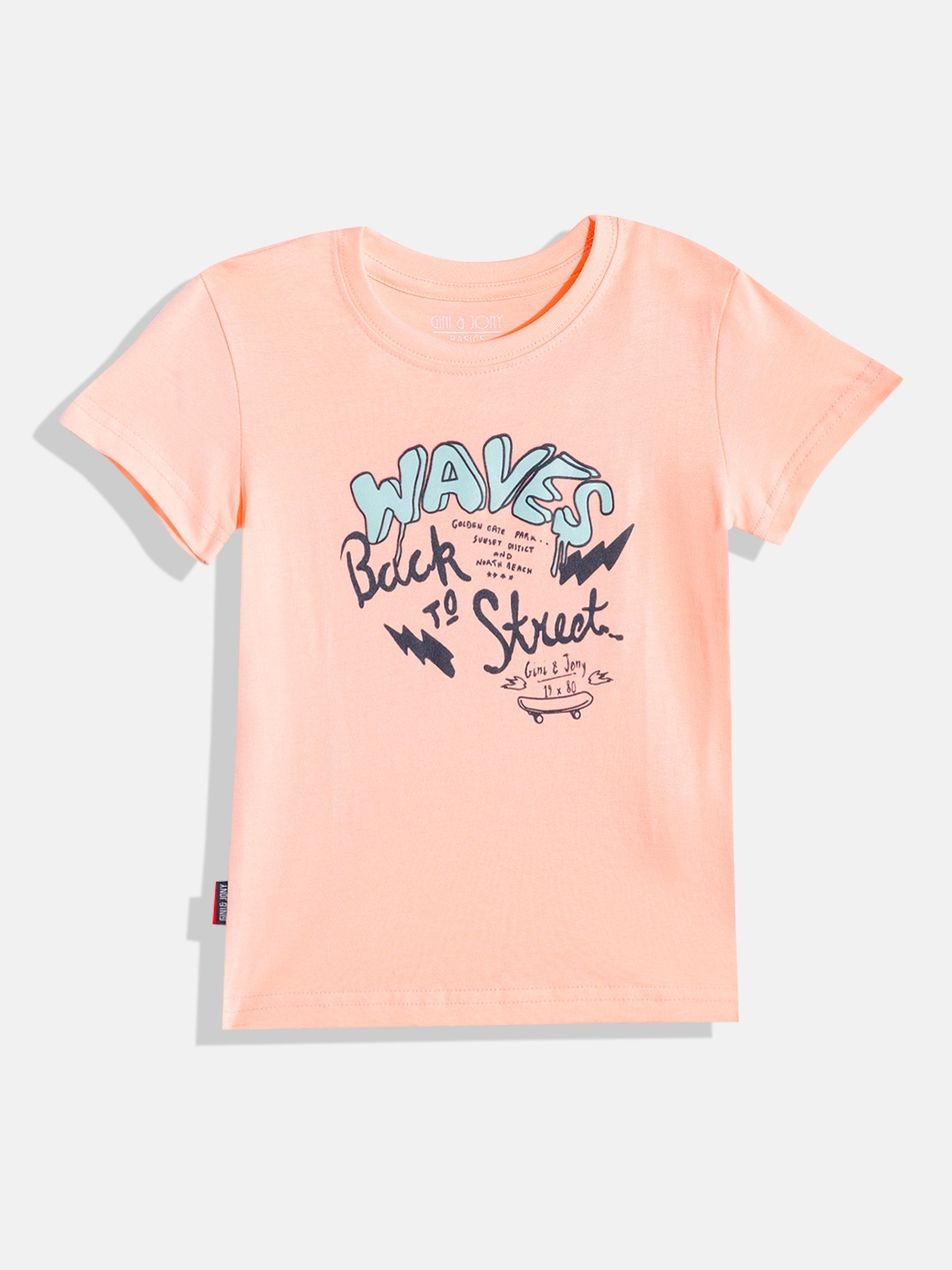

Gini and Jony Boys Typography Printed Pure Cotton T-shirt, Peach