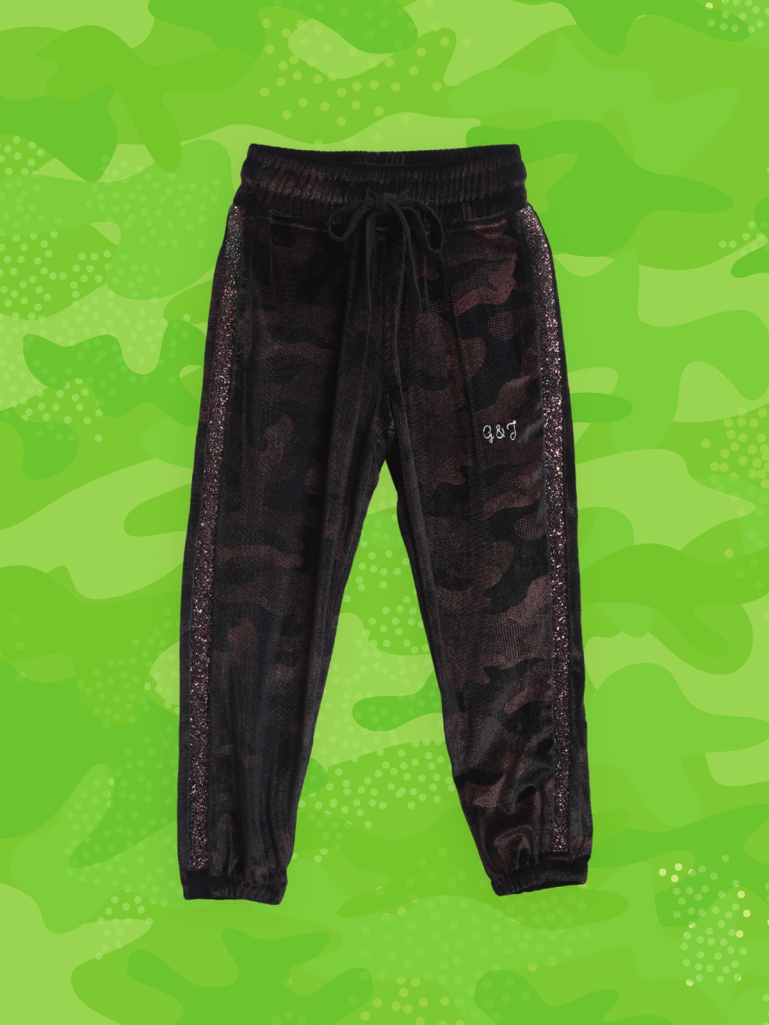 

Gini and Jony Girls Black & Bronze Camouflage Printed Velvet Finish Joggers