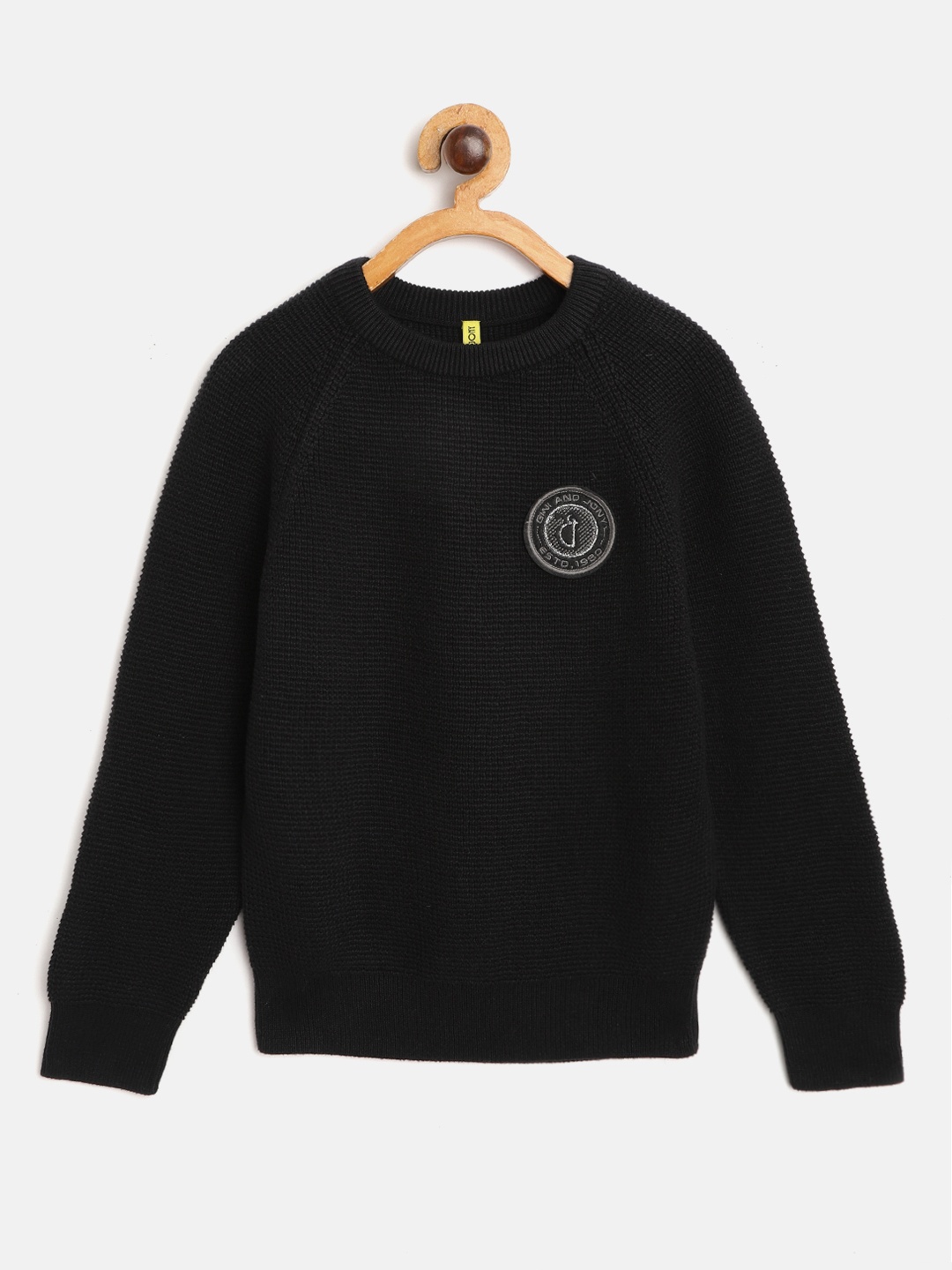 

Gini and Jony Boys Black Pure Cotton Solid Pullover with Applique Detail