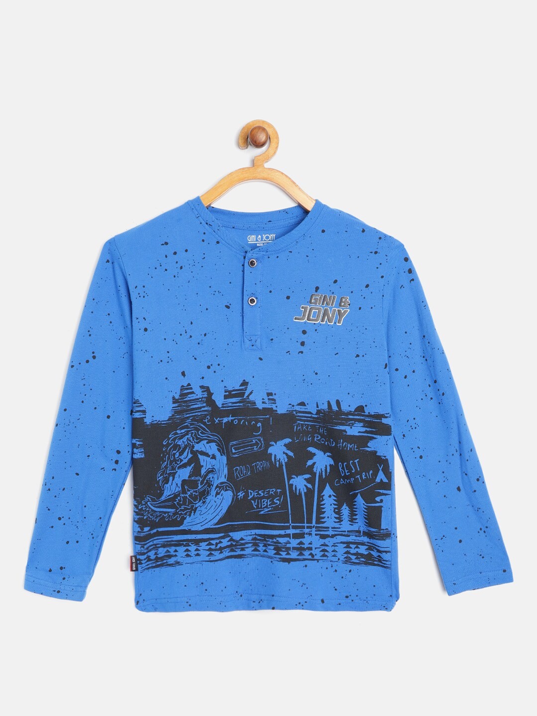 

Gini and Jony Boys Blue & Black Pure Cotton Printed Henley Neck T-shirt