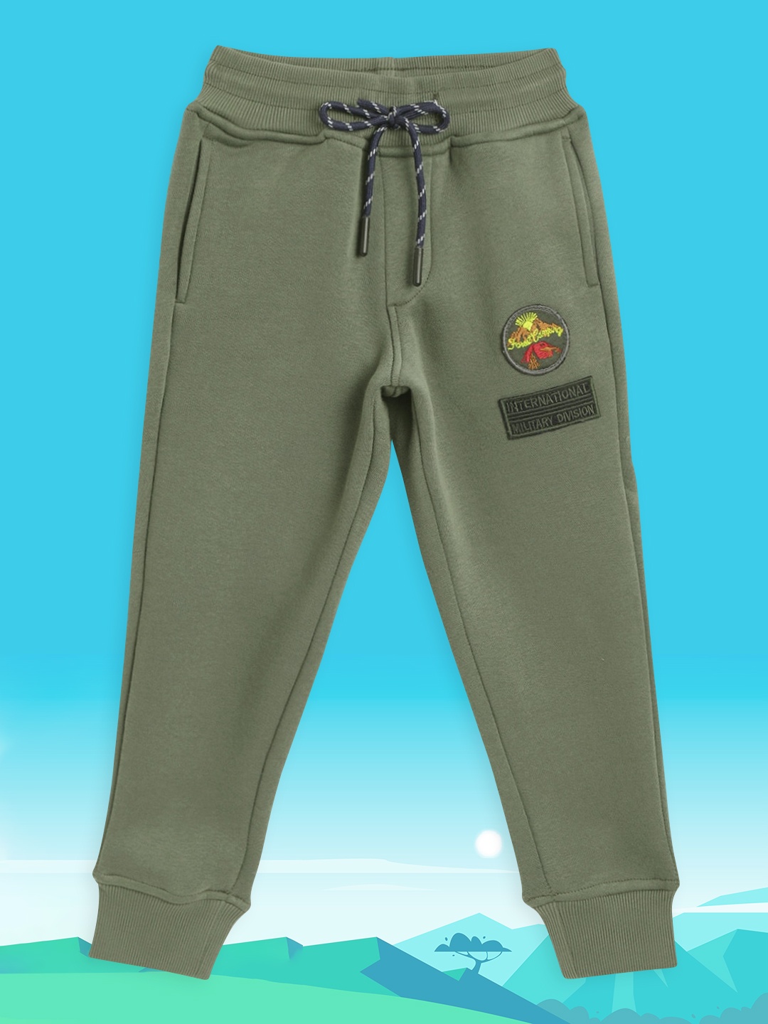 

Gini and Jony Boys Olive Green Solid Joggers with Applique Detail
