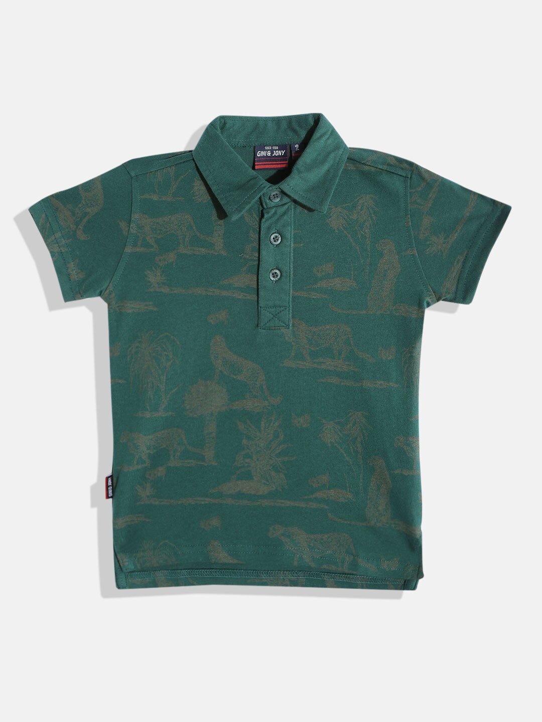 

Gini and Jony Boys Green & Beige Printed Polo Collar Pure Cotton T-shirt