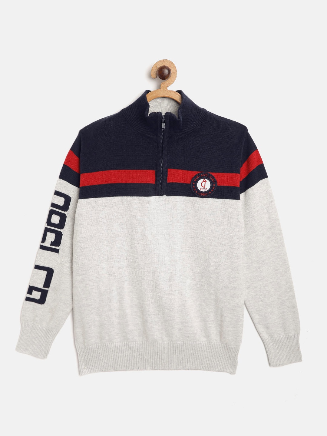 

Gini and Jony Boys Grey Melange & Navy Blue Striped Pullover with Applique Detail