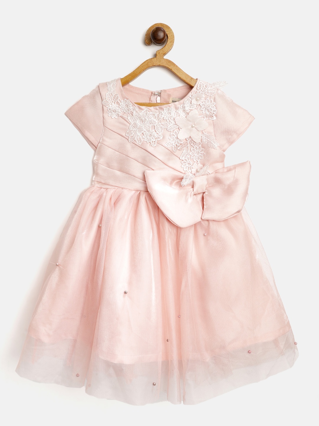 

Gini and Jony Girls Pink Embellished Net Fit & Flare Dress with Bow Detail