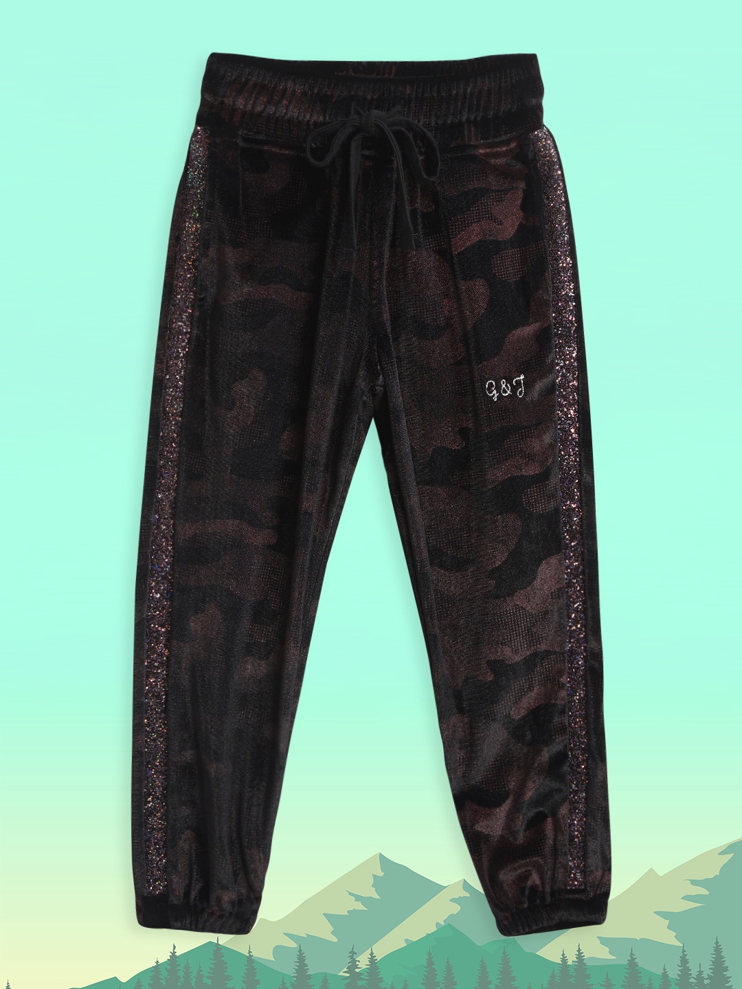 

Gini and Jony Girls Black & Bronze Camouflage Printed Velvet Finish Joggers