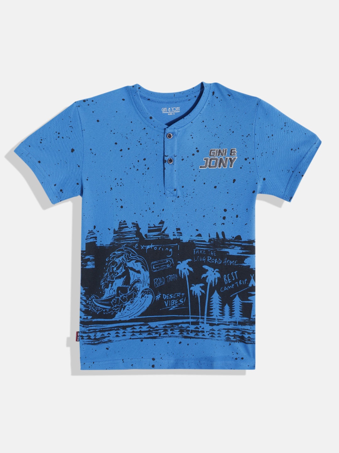 

Gini and Jony Boys Blue & Black Pure Cotton Graphic Print Henley Neck T-shirt