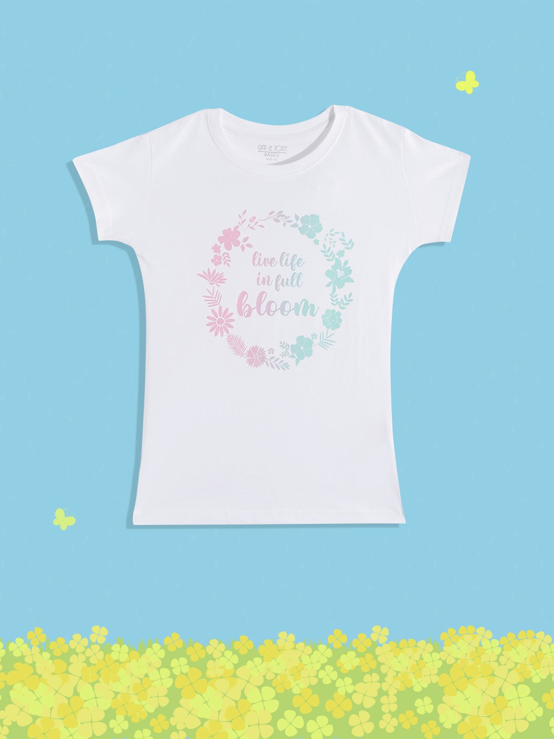 

Gini and Jony Girls White & Pink Printed Pure Cotton T-shirt