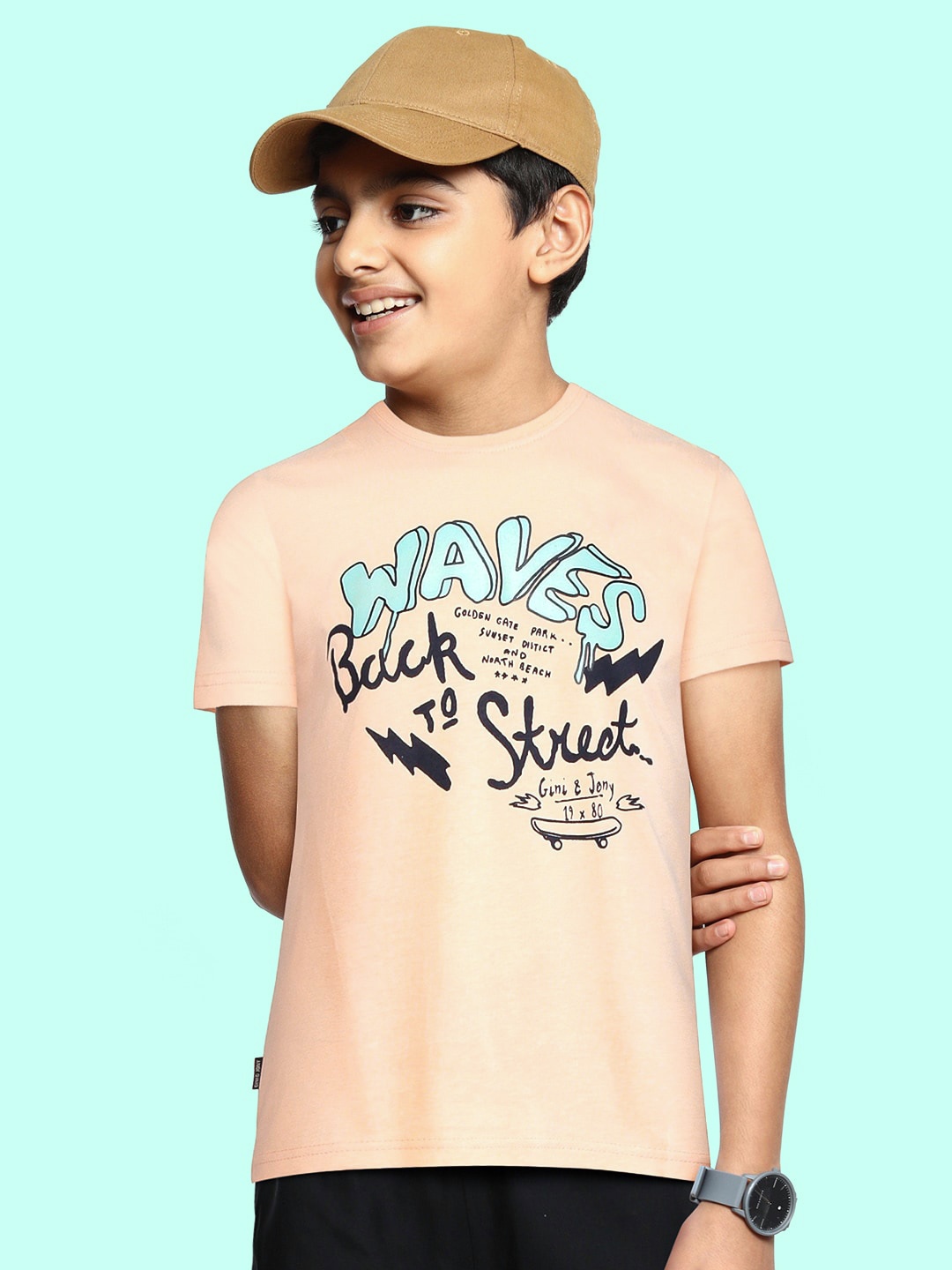 

Gini and Jony Boys Pink & Blue Cotton Typography Printed T-shirt