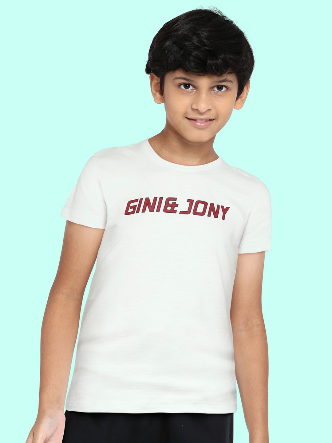 

Gini and Jony Boys White & Red Cotton Brand Logo Printed T-shirt