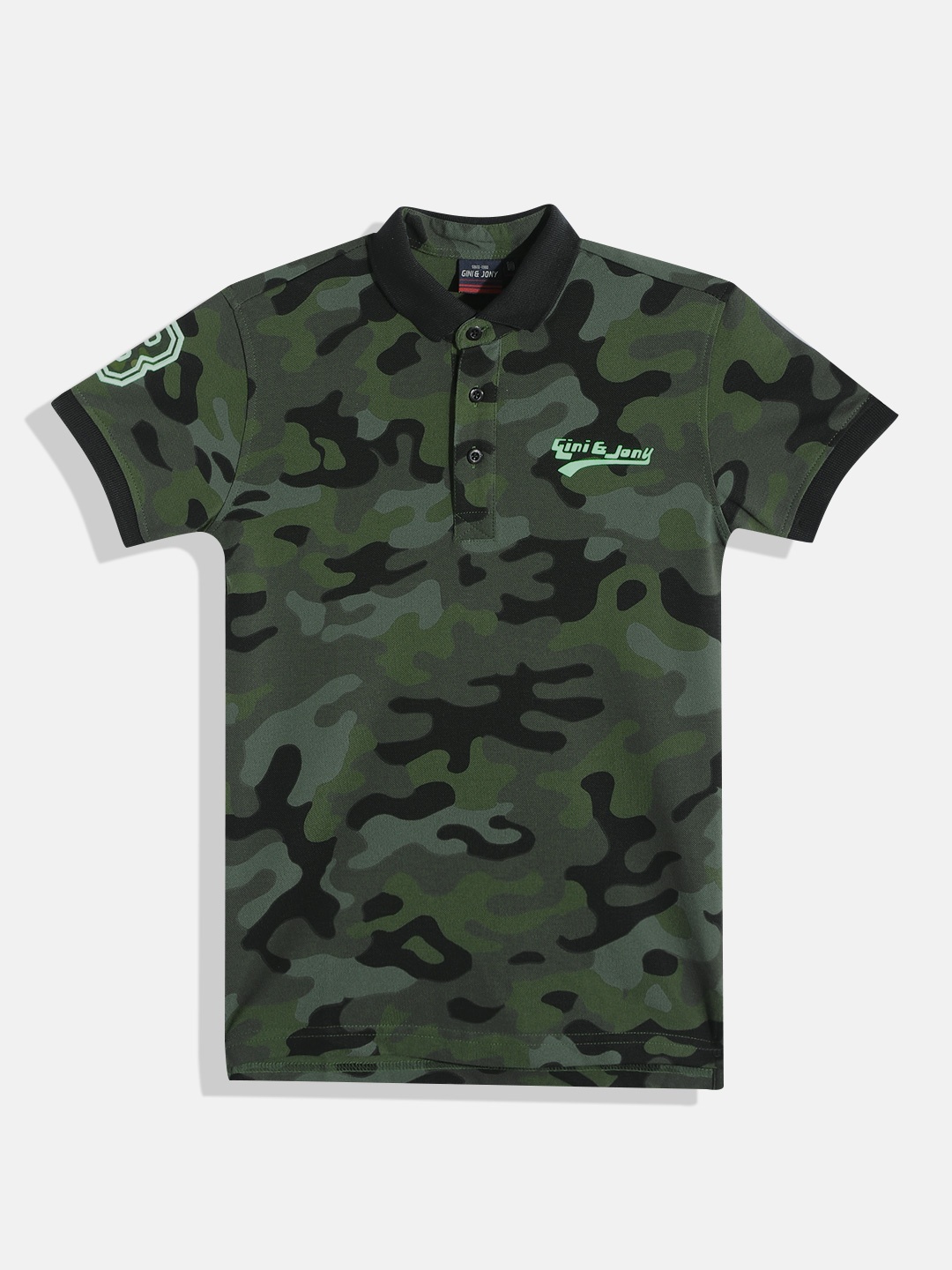 

Gini and Jony Boys Olive Green & Black Camouflage Printed Polo Collar Pure Cotton T-shirt