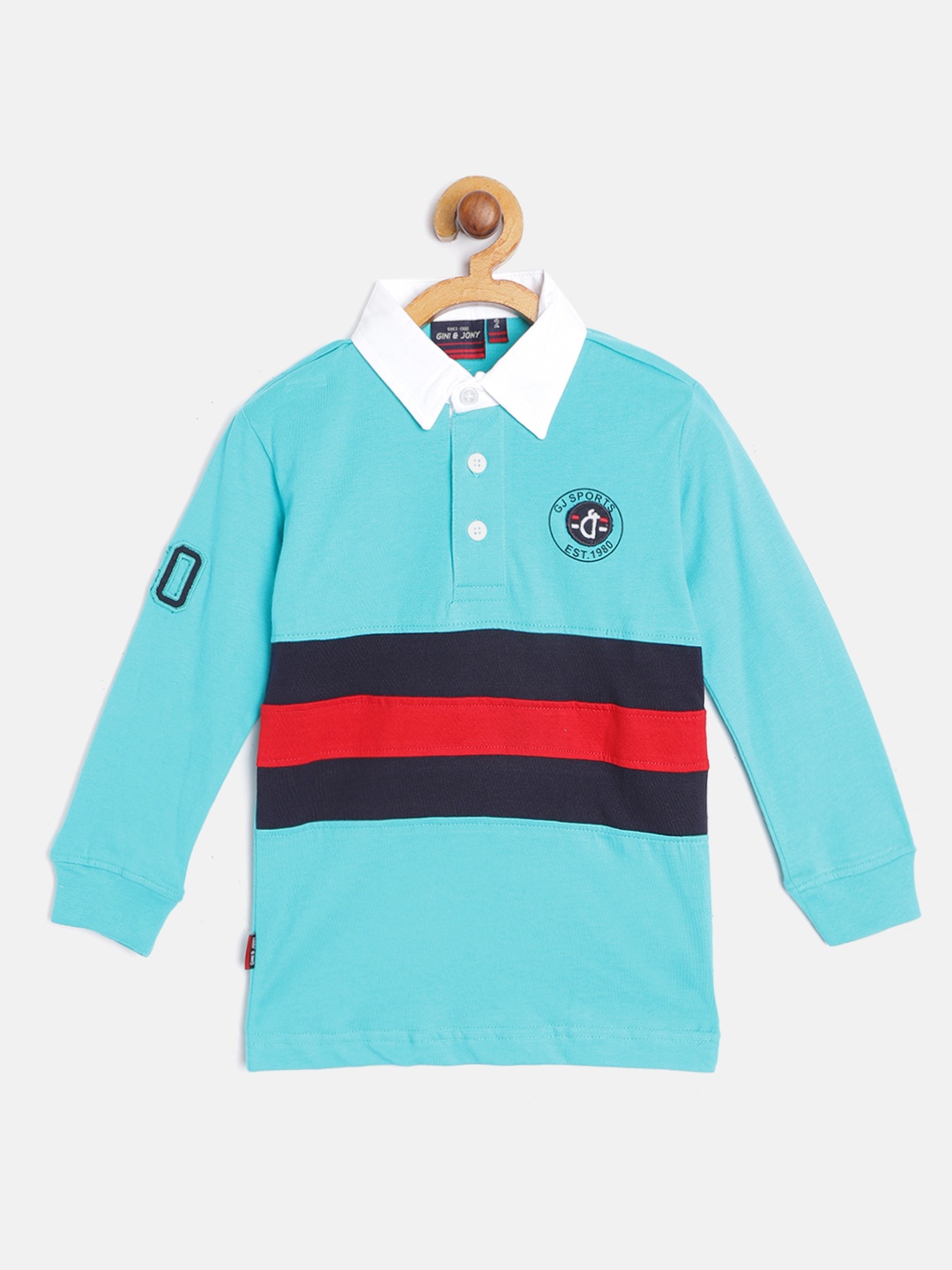 

Gini and Jony Boys Turquoise Blue & Red Pure Cotton Striped Polo Collar Applique T-shirt
