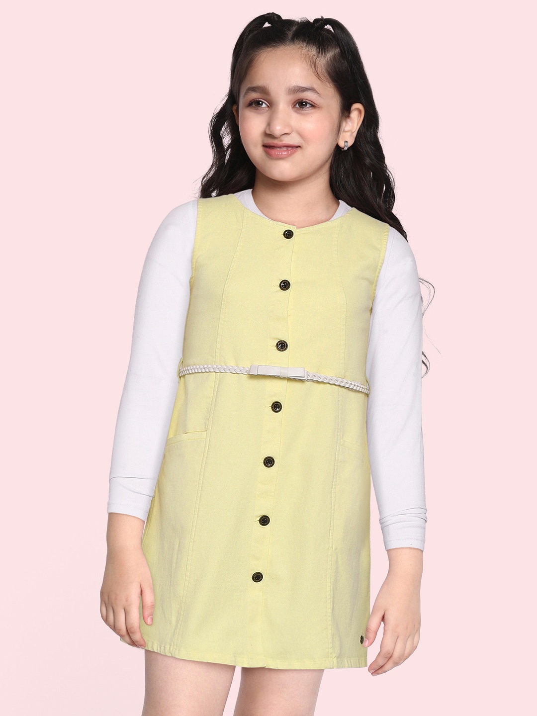 

Gini and Jony Girls Yellow Solid Pinafore Dress with White Solid T-shirt