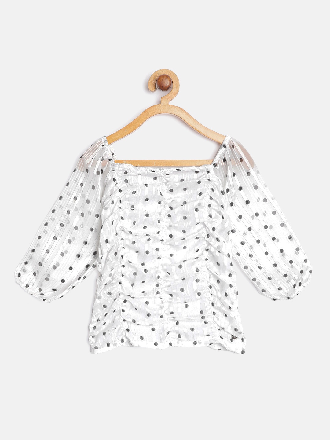

Gini and Jony Girls White & Black Polka Dot Print Off-Shoulder Ruched Bardot Top