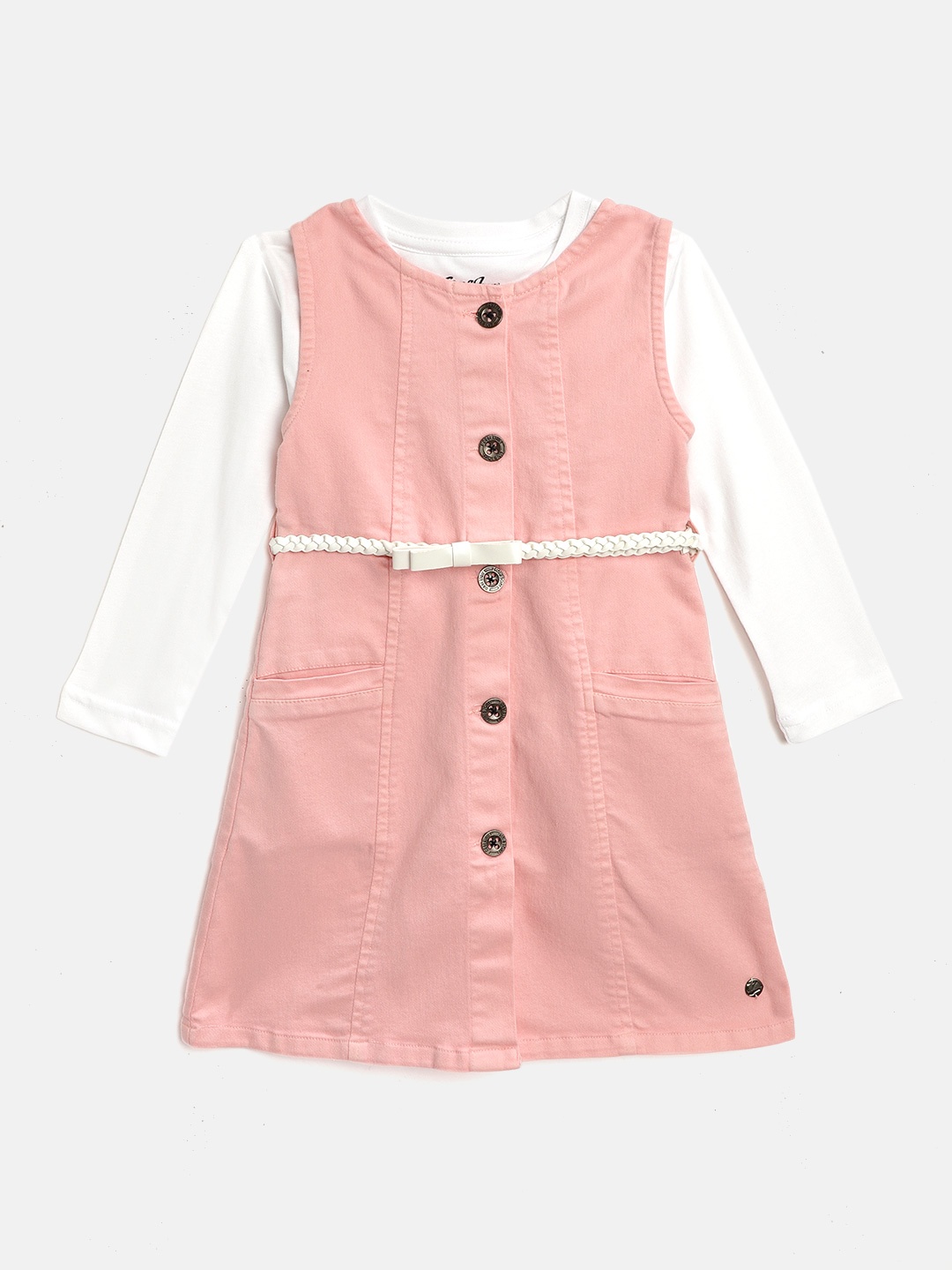 

Gini and Jony Girls Light Pink Solid Pinafore Dress with White Solid T-shirt