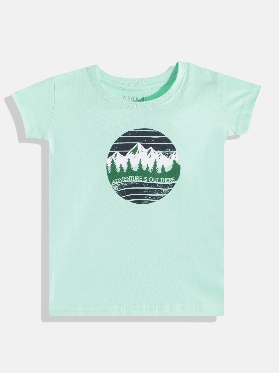 

Gini and Jony Girls Sea Green & White Printed Pure Cotton T-shirt
