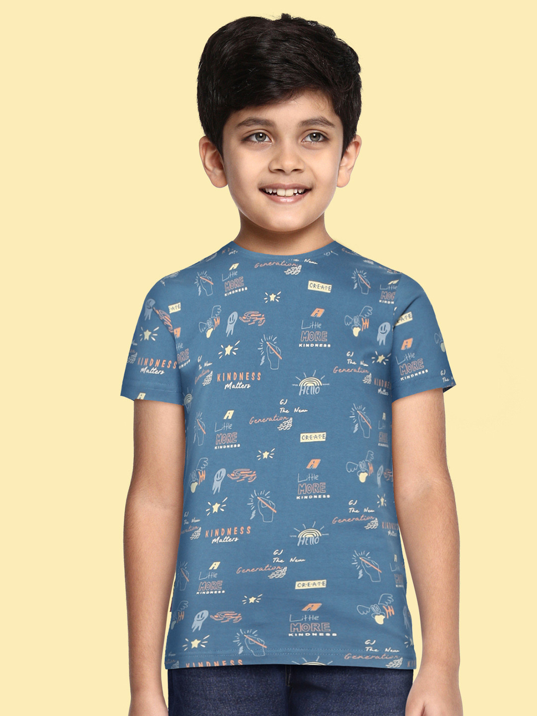 

Gini and Jony Boys Blue & Yellow Pure Cotton Graphic Printed T-shirt