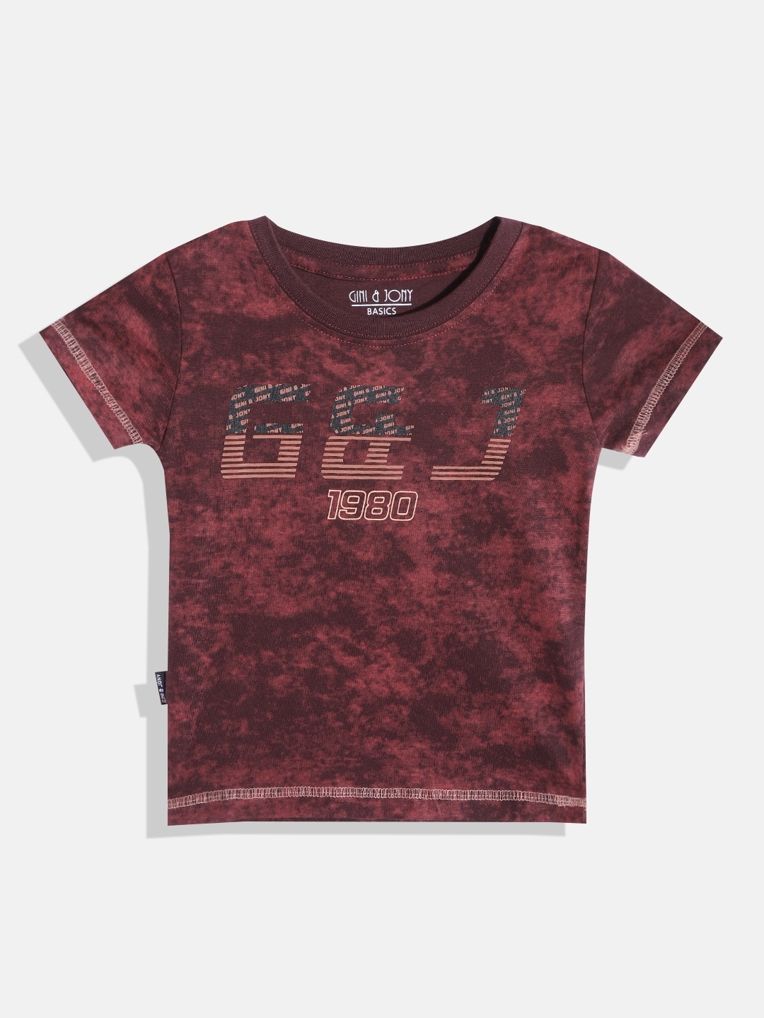 

Gini and Jony Infant Boys Maroon Brand Logo Printed Pure Cotton T-shirt