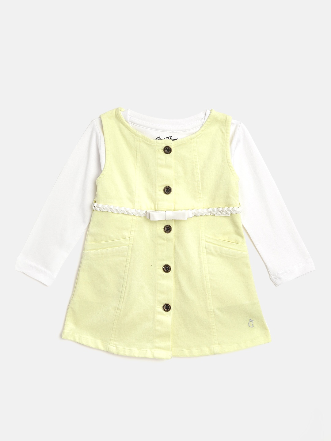 

Gini and Jony Girls Yellow Solid Pinafore Dress with White Solid T-shirt