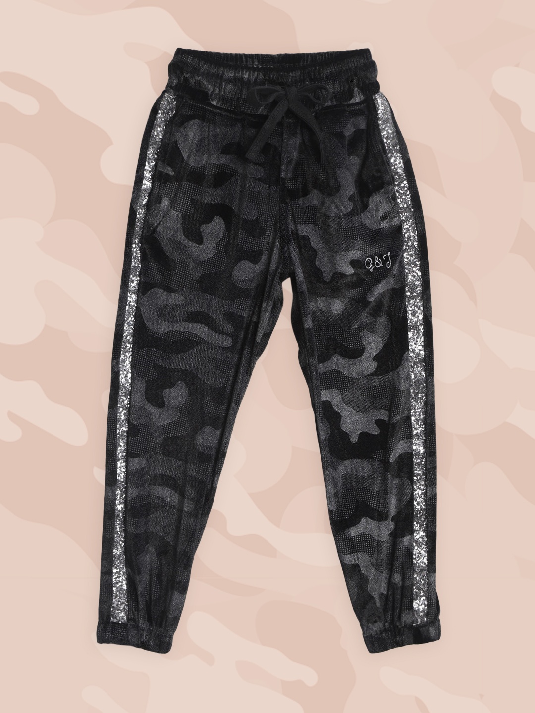 

Gini and Jony Girls Black & Charcoal Grey Camouflage Printed Velvet Finish Joggers
