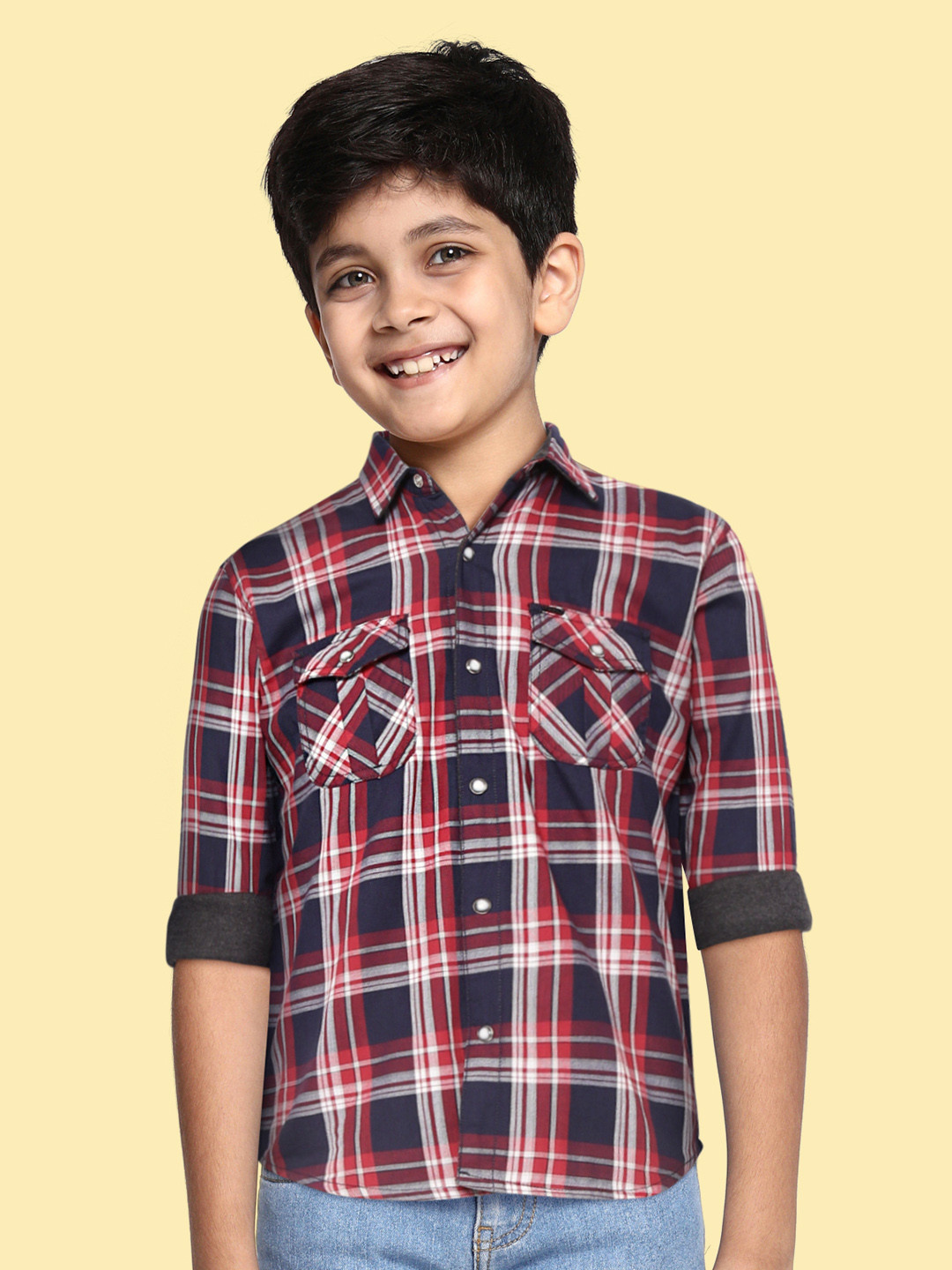 

Gini and Jony Boys Red & Navy Blue Pure Cotton Tartan Checked Reversible Casual Shirt