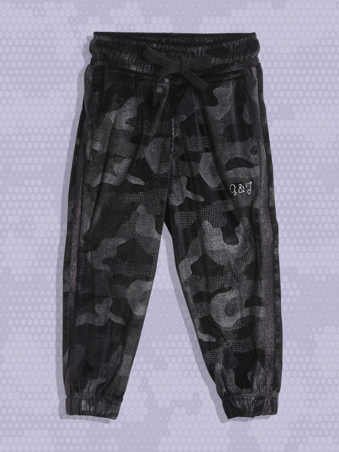 

Gini and Jony Girls Black & Charcoal Grey Camouflage Printed Velvet Finish Joggers