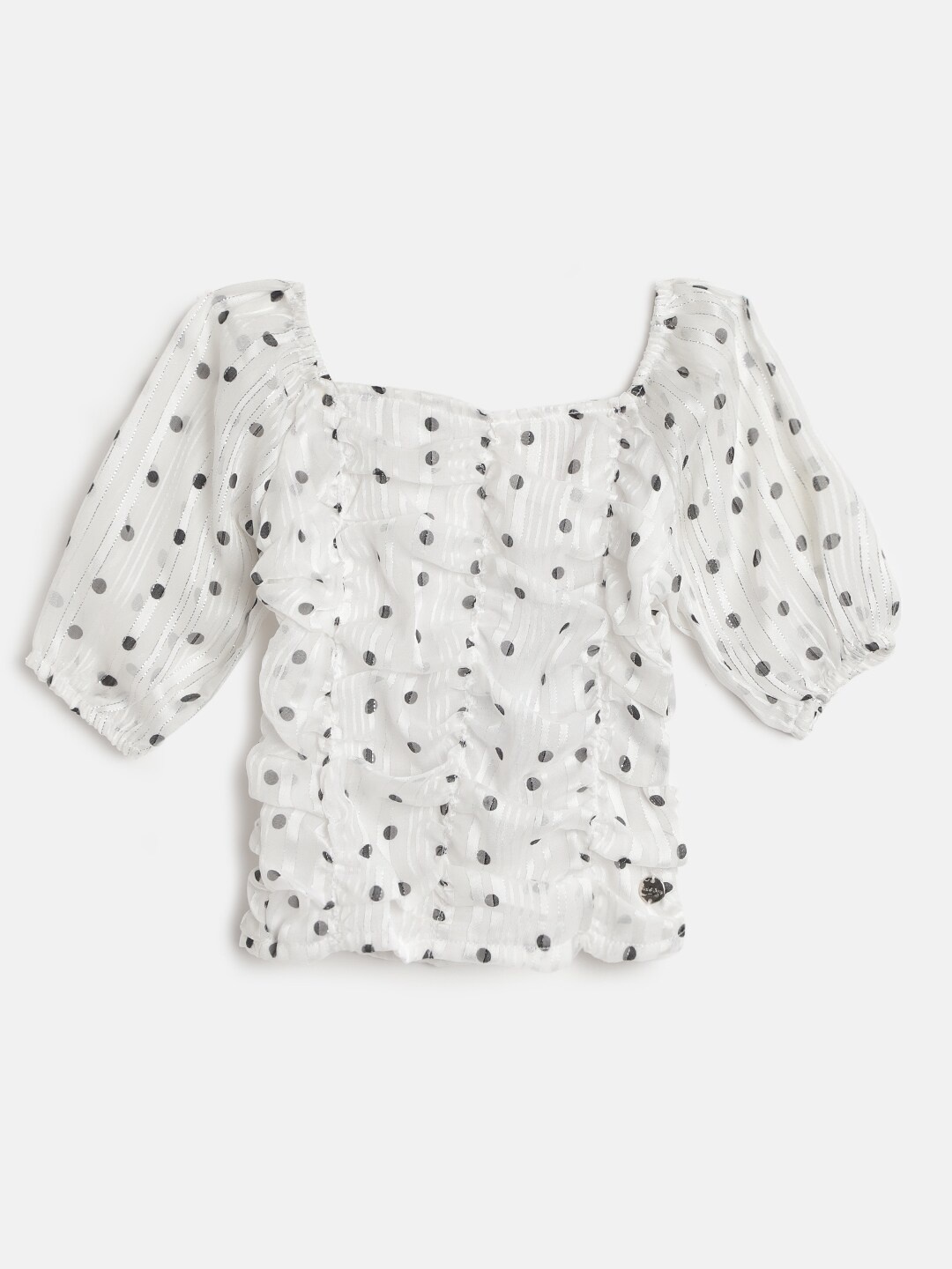 

Gini and Jony Infant Girl White & Black Self Striped Semi Sheer Polka Dot Print Ruched Top