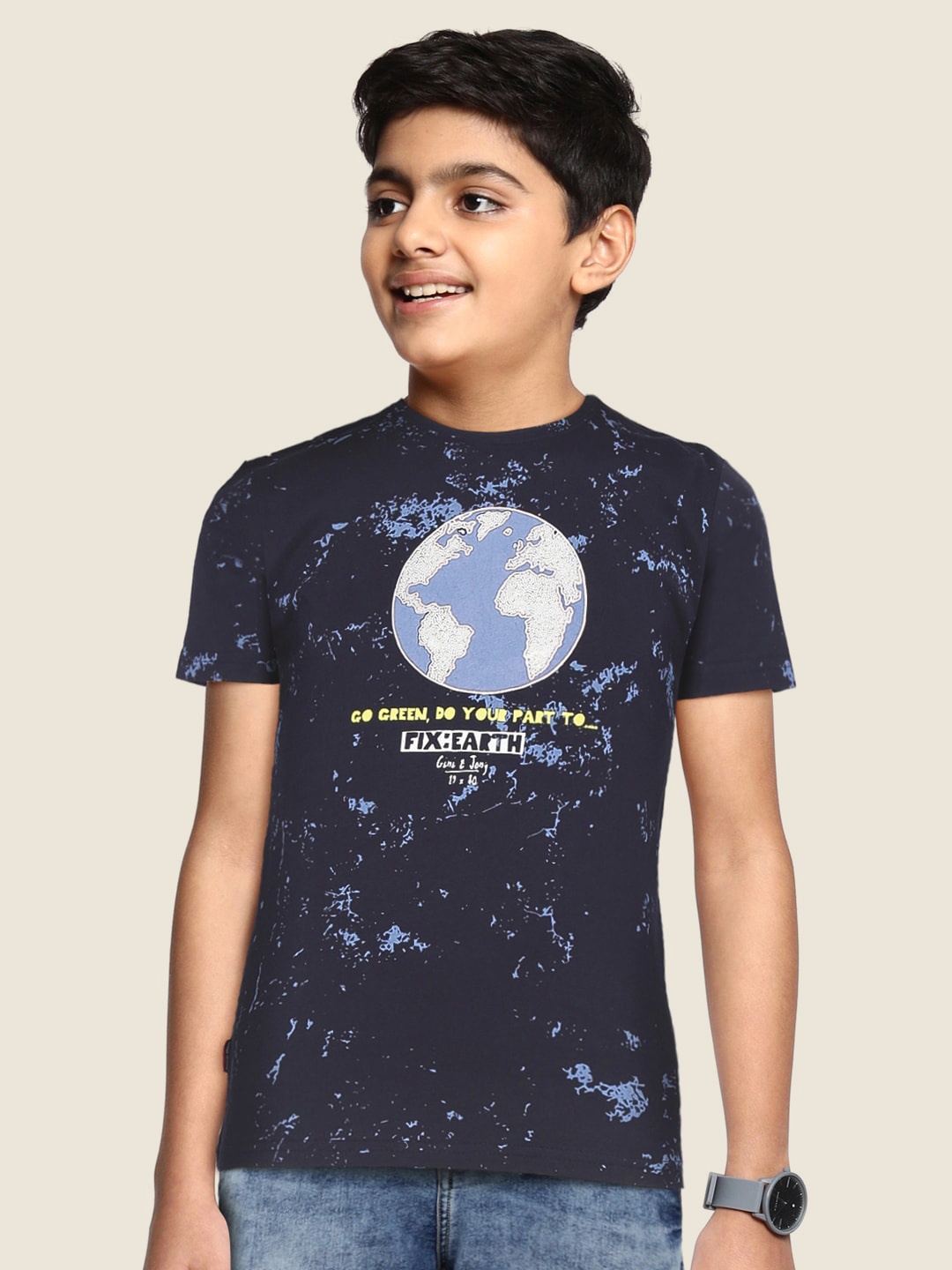 

Gini and Jony Boys Navy Blue Cotton Printed T-shirt