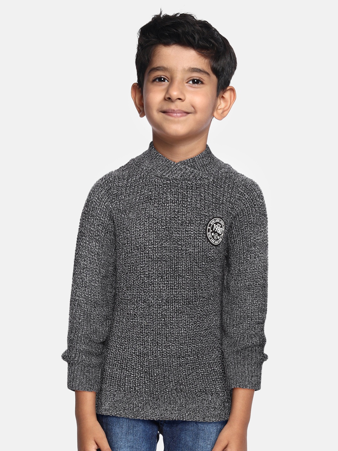 

Gini and Jony Boys Charcoal Grey Solid Pullover with Applique Detail