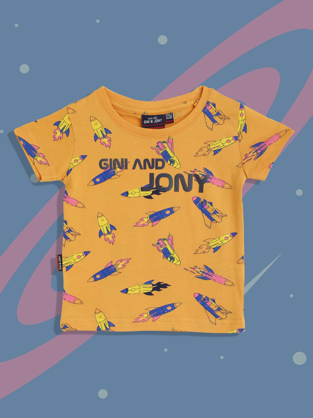 

Gini and Jony Infant Boys Coral Orange & Blue Printed Cotton T-shirt