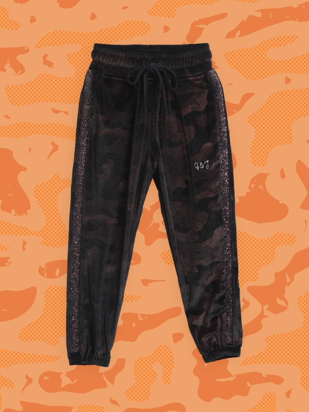 

Gini and Jony Girls Black & Bronze Camouflage Printed Velvet Finish Joggers