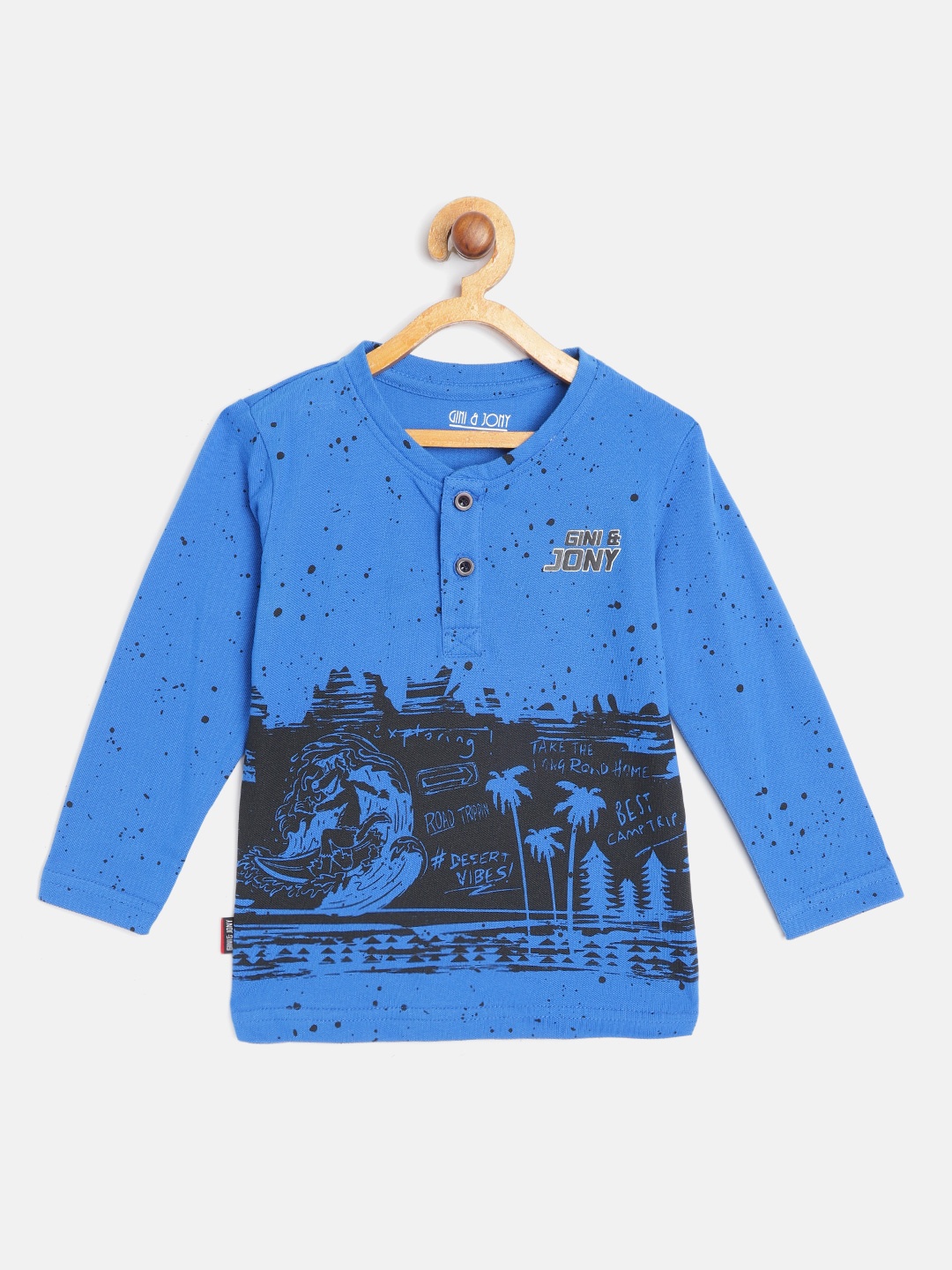 

Gini and Jony Boys Blue & Black Pure Cotton Printed Henley Neck T-shirt