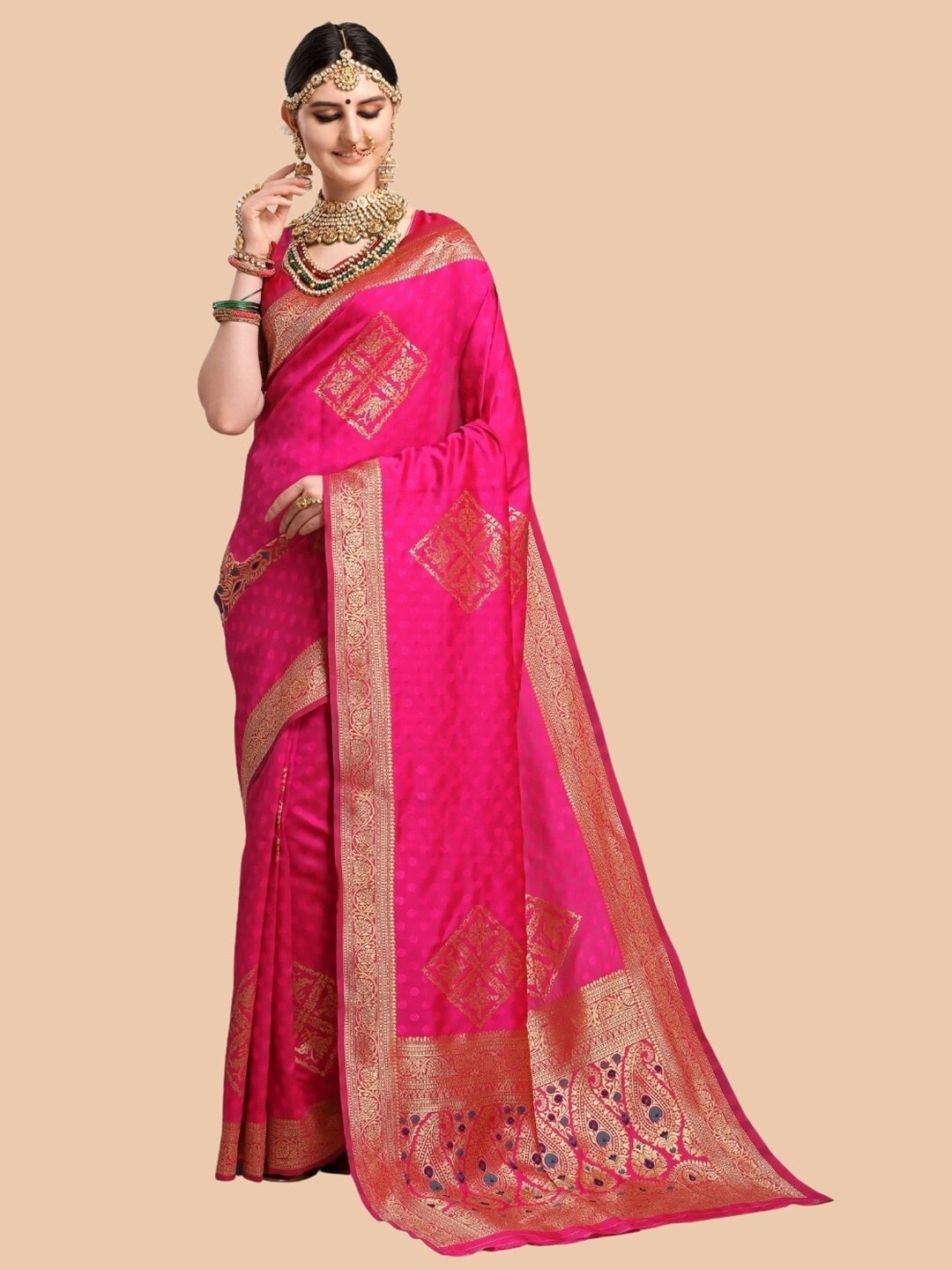 

Mitera Pink & Gold-Toned Woven Design Zari Silk Blend Paithani Saree