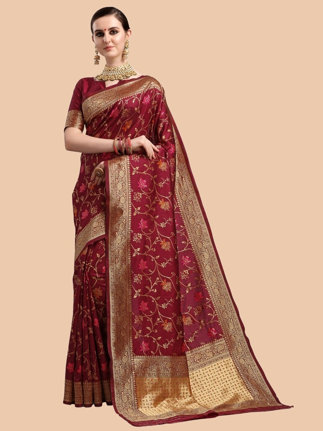 

Mitera Maroon & Gold-Toned Woven Design Zari Silk Blend Heavy Work Banarasi Saree