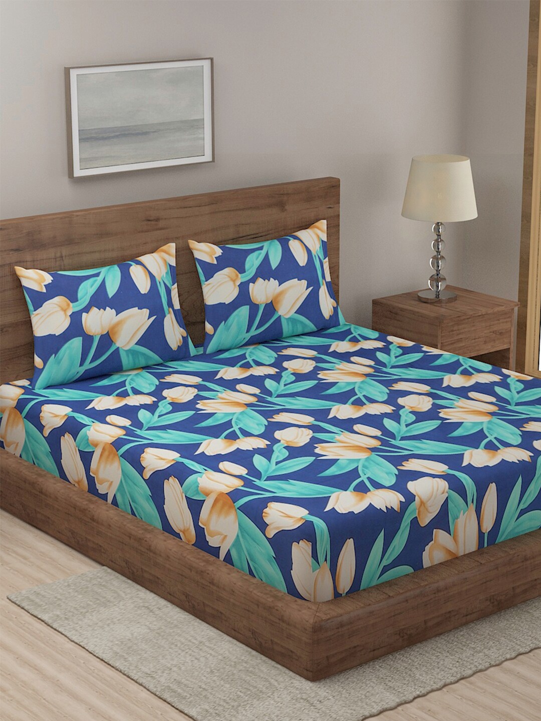 

Niamh by Tag 7 Blue & White Printed Cotton 144 TC King Bedsheet with 2 Pillow Covers